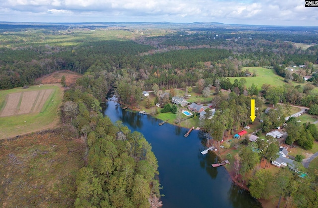 aerial view featuring a water view and a forest view