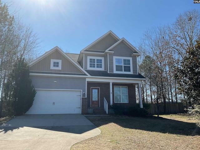 craftsman house featuring brick siding, concrete driveway, an attached garage, fence, and a front yard