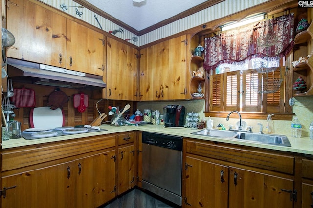 kitchen featuring a sink, light countertops, stainless steel dishwasher, brown cabinets, and wallpapered walls