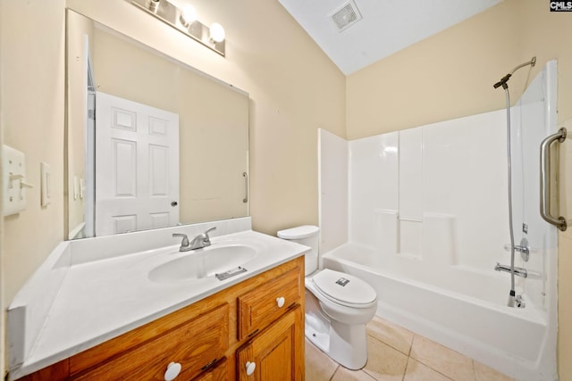 bathroom with visible vents, toilet, vanity, shower / tub combination, and tile patterned flooring