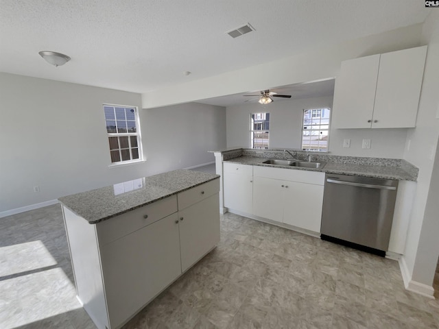 kitchen featuring visible vents, dishwasher, a sink, and white cabinetry