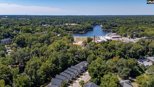 birds eye view of property featuring a water view and a wooded view