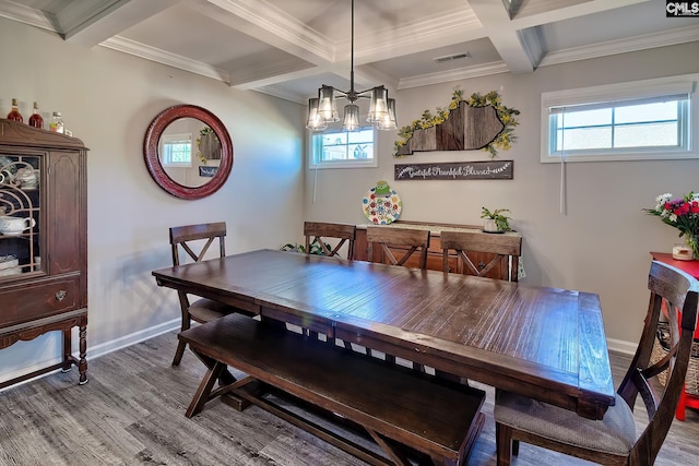 dining space with wood finished floors, visible vents, and baseboards