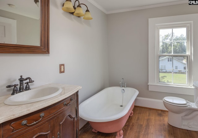 bathroom with a soaking tub, plenty of natural light, wood finished floors, and vanity