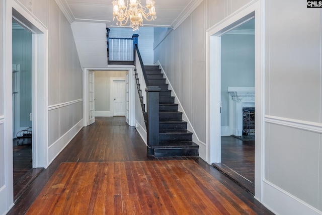 entrance foyer featuring stairs, ornamental molding, dark wood-type flooring, and a decorative wall