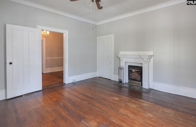 unfurnished living room with crown molding, wood-type flooring, visible vents, a fireplace with flush hearth, and a ceiling fan