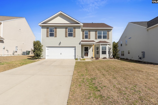 view of front of property featuring driveway, an attached garage, a front lawn, and board and batten siding