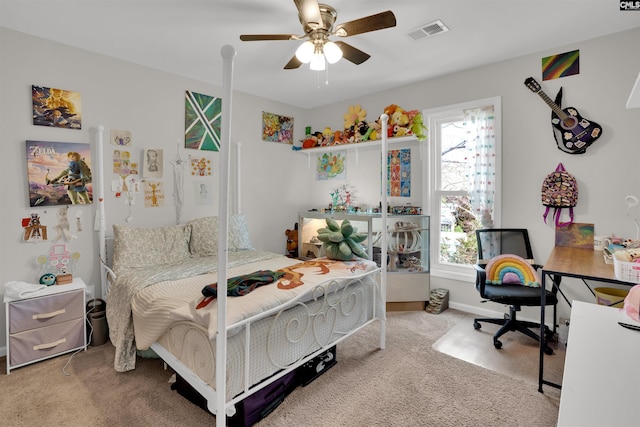 bedroom featuring ceiling fan, carpet flooring, and visible vents