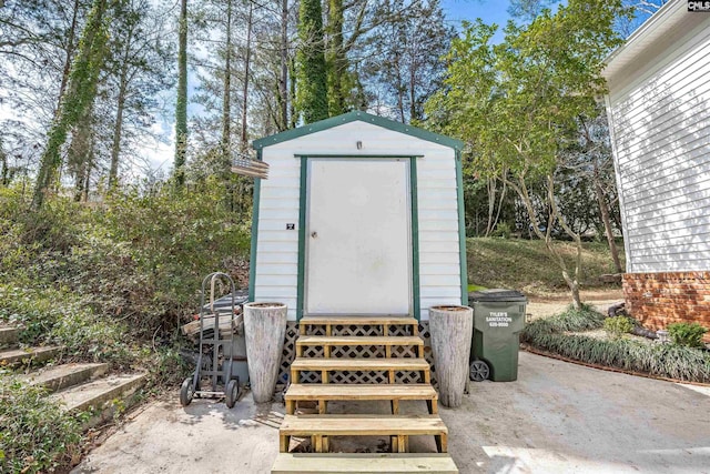 view of shed featuring entry steps