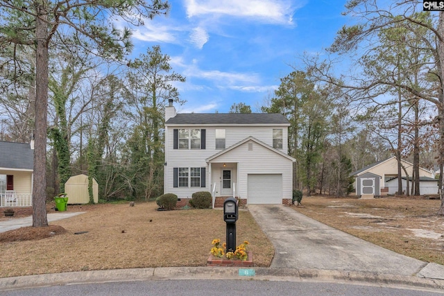 view of front of house featuring crawl space, concrete driveway, a chimney, and an attached garage