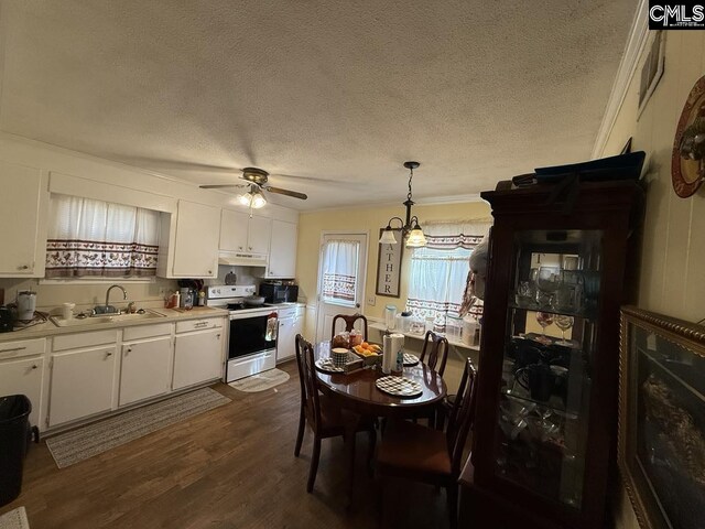 kitchen featuring white cabinets, white electric stove, a textured ceiling, and a sink