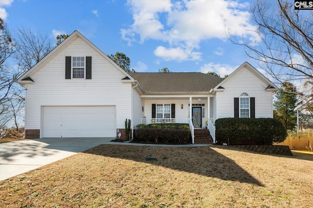 view of front of home featuring a porch, a garage, a shingled roof, driveway, and a front yard