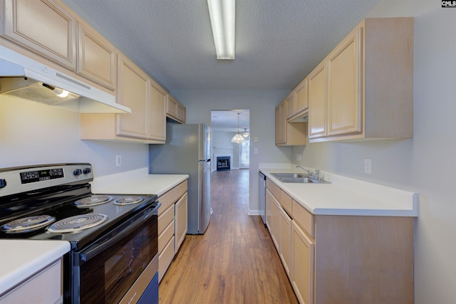 kitchen with light wood finished floors, light countertops, stainless steel appliances, under cabinet range hood, and a sink