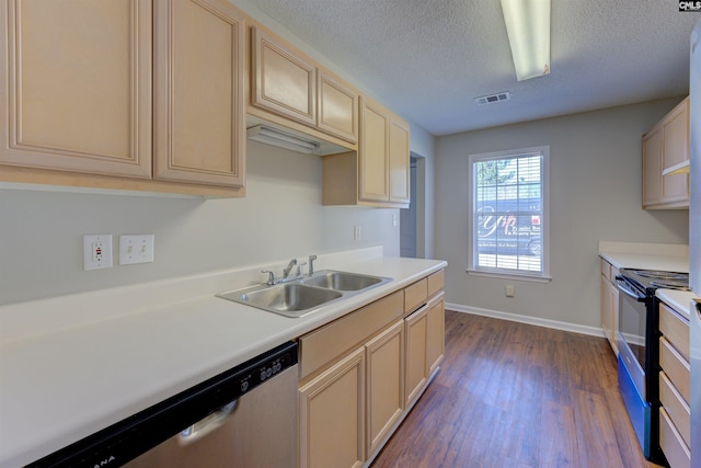 kitchen featuring range with electric stovetop, light countertops, dark wood-type flooring, a sink, and dishwasher