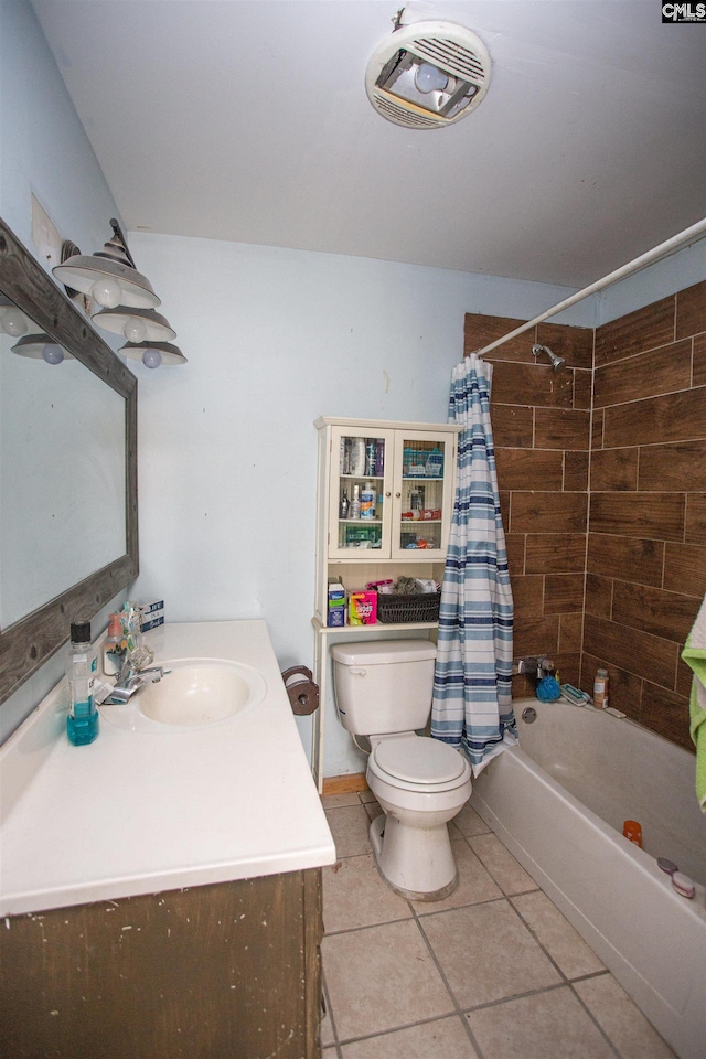 full bath with toilet, vanity, visible vents, tile patterned floors, and shower / tub combo with curtain