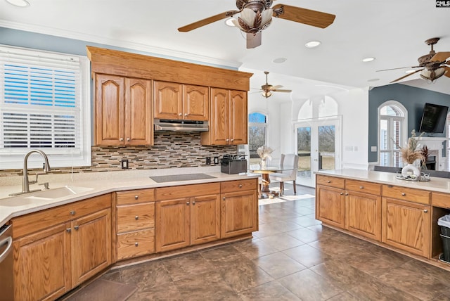 kitchen with black electric stovetop, under cabinet range hood, a sink, light countertops, and backsplash