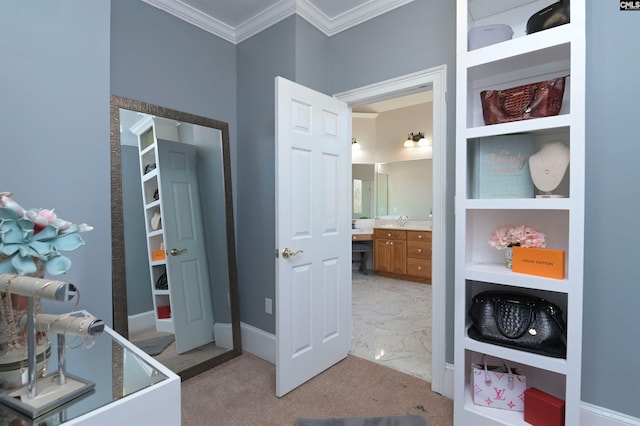 bathroom featuring baseboards, built in shelves, ornamental molding, and vanity