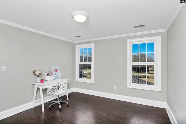 office space featuring baseboards, a wealth of natural light, and wood finished floors