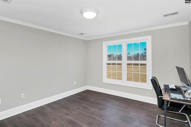 office area with baseboards, crown molding, visible vents, and dark wood-type flooring