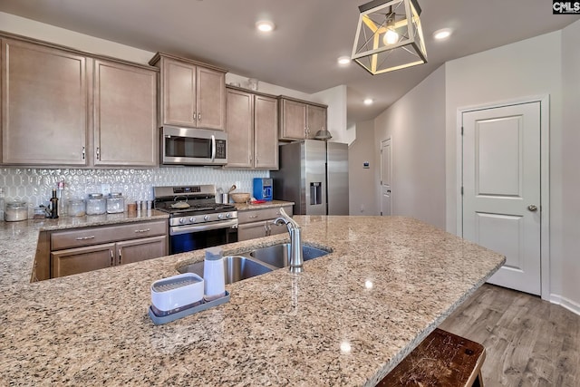 kitchen with stainless steel appliances, a sink, decorative backsplash, and light wood finished floors