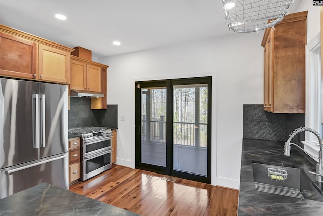 kitchen with appliances with stainless steel finishes, a sink, under cabinet range hood, and wood finished floors