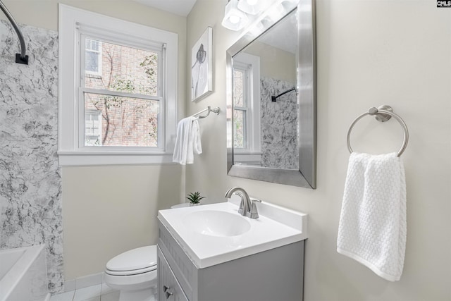 full bathroom with tile patterned flooring, baseboards, vanity, and toilet