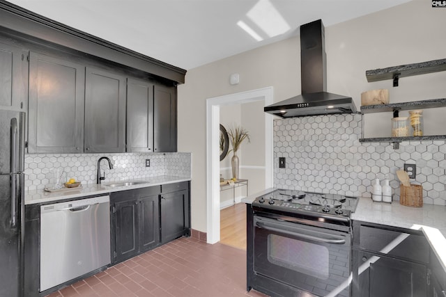 kitchen featuring black range with electric cooktop, freestanding refrigerator, dishwasher, open shelves, and island exhaust hood