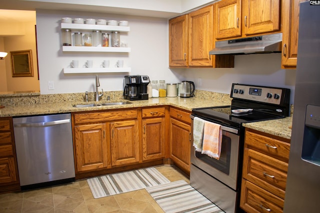 kitchen featuring brown cabinetry, appliances with stainless steel finishes, under cabinet range hood, open shelves, and a sink