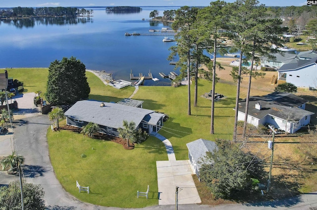 bird's eye view with a water view