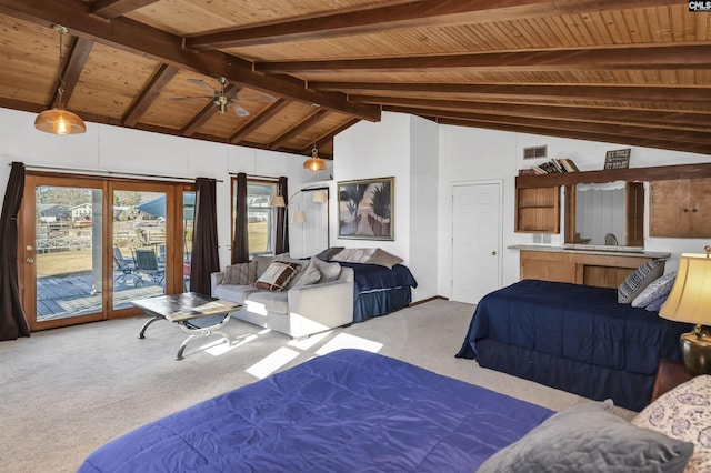 carpeted bedroom featuring access to exterior, beam ceiling, visible vents, high vaulted ceiling, and wooden ceiling