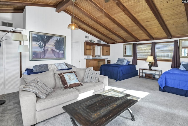 living room featuring high vaulted ceiling, wooden ceiling, visible vents, beamed ceiling, and carpet