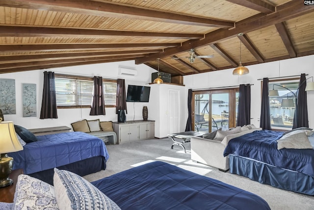 carpeted bedroom featuring vaulted ceiling with beams, multiple windows, a wall mounted AC, and access to exterior