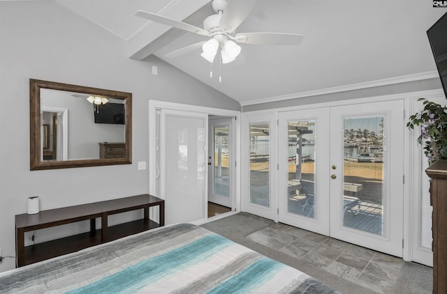 unfurnished bedroom featuring vaulted ceiling with beams, access to outside, french doors, and a ceiling fan