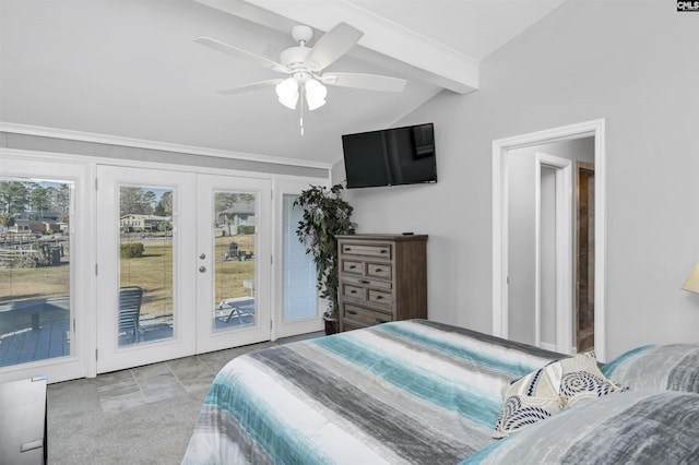 carpeted bedroom with vaulted ceiling with beams, access to outside, french doors, and ceiling fan