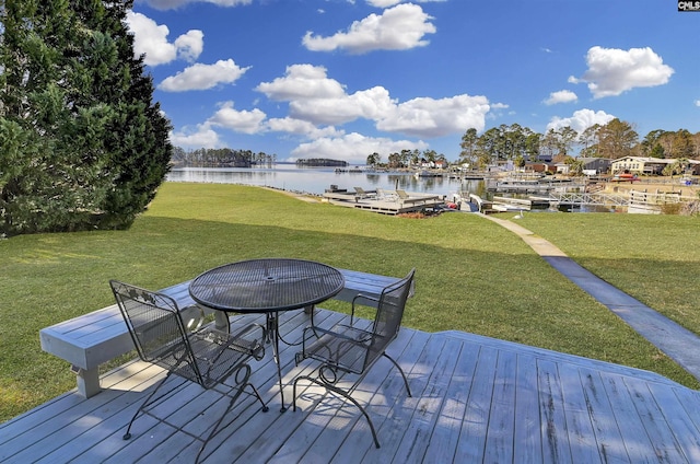 deck featuring a water view, a boat dock, and a yard