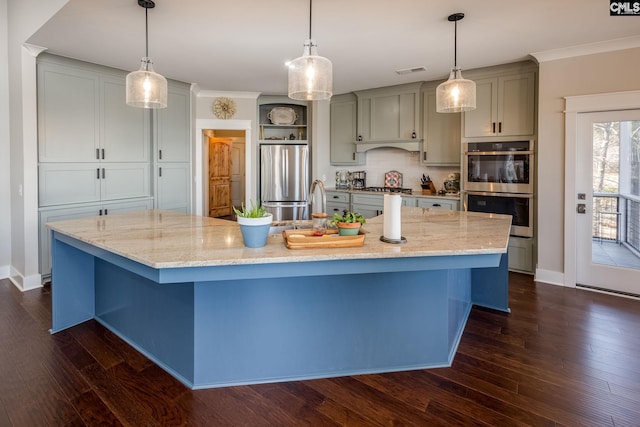 kitchen with visible vents, appliances with stainless steel finishes, open shelves, and dark wood-style flooring