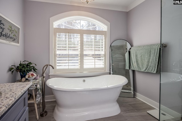 bathroom with a healthy amount of sunlight, a freestanding tub, wood finished floors, and vanity