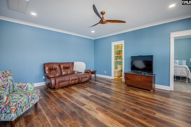 living room with recessed lighting, visible vents, ornamental molding, wood finished floors, and baseboards