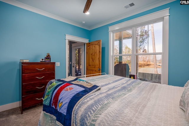 bedroom featuring baseboards, visible vents, ceiling fan, and carpet flooring