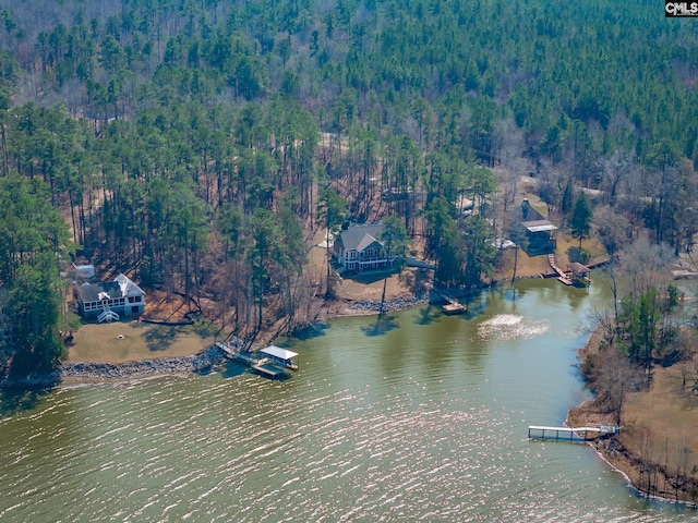 aerial view with a water view and a wooded view