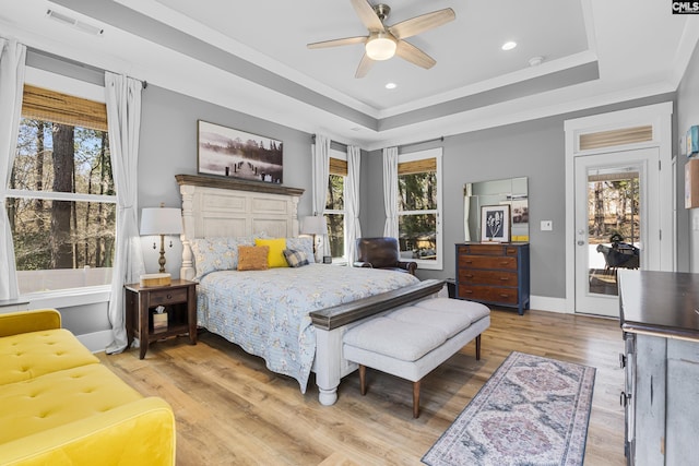 bedroom featuring a tray ceiling and multiple windows