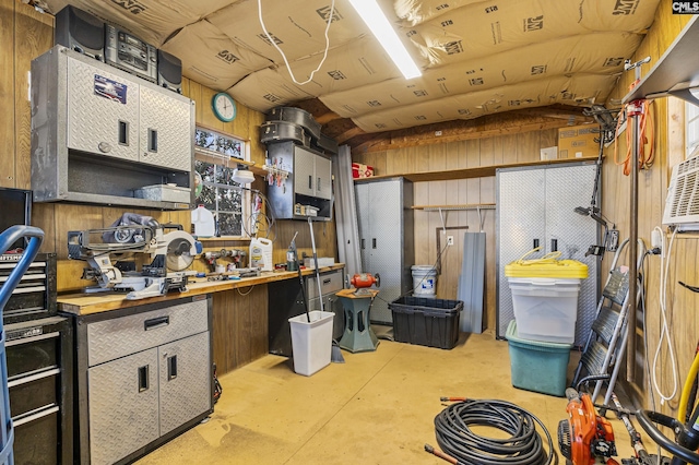 kitchen featuring concrete flooring, open shelves, and wood counters