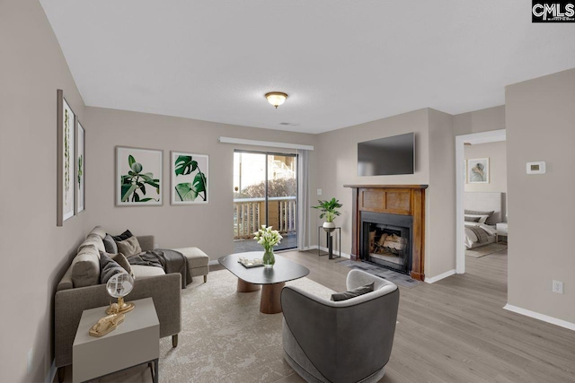 living area featuring baseboards, a fireplace with flush hearth, and light wood-style floors