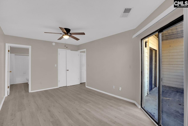 unfurnished bedroom with access to outside, visible vents, a ceiling fan, light wood-type flooring, and baseboards