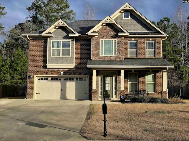 craftsman-style home featuring a garage, concrete driveway, covered porch, and fence