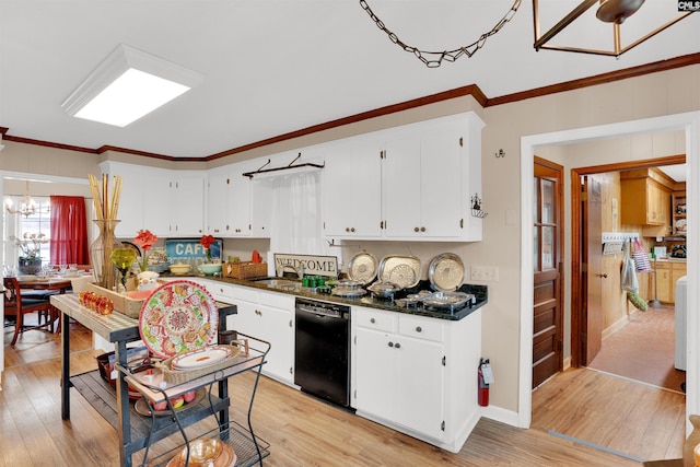 kitchen featuring light wood-style floors, black dishwasher, white cabinets, dark countertops, and crown molding