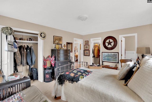 bedroom with a spacious closet, a closet, and carpet floors