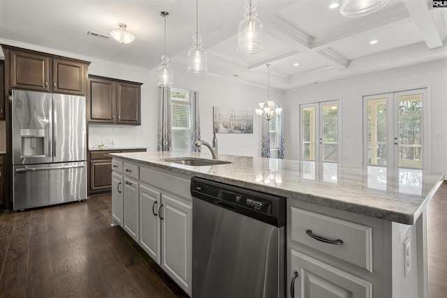 kitchen featuring a sink, visible vents, french doors, appliances with stainless steel finishes, and dark wood finished floors