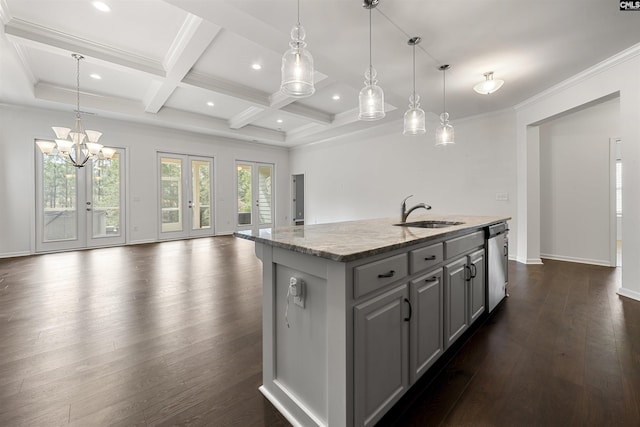 kitchen with coffered ceiling, beamed ceiling, dark wood-style flooring, a sink, and stainless steel dishwasher