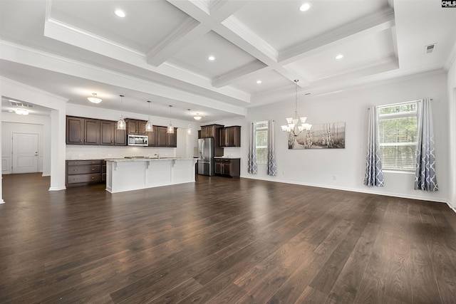 unfurnished living room with a wealth of natural light, beam ceiling, and dark wood finished floors